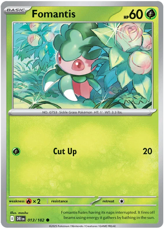 Fomantis common kaart nummer 013 uit de Pokémon Destined Rivals set