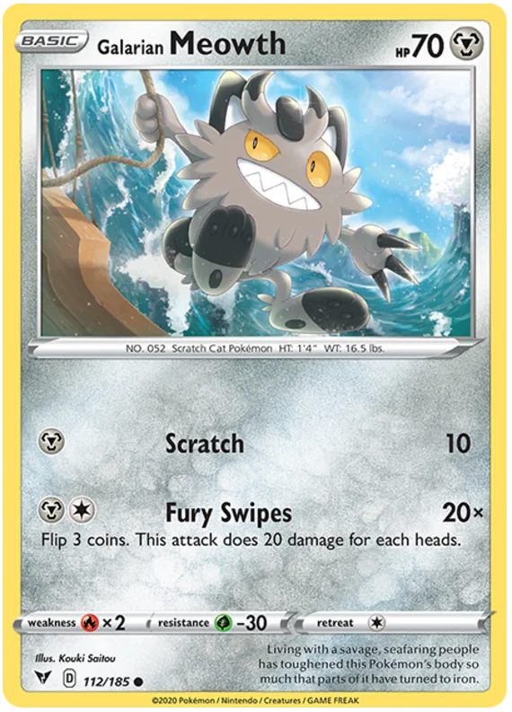 Galarian Meowth common kaart uit de Pokémon Vivid Voltage set, kaartnummer 112/185