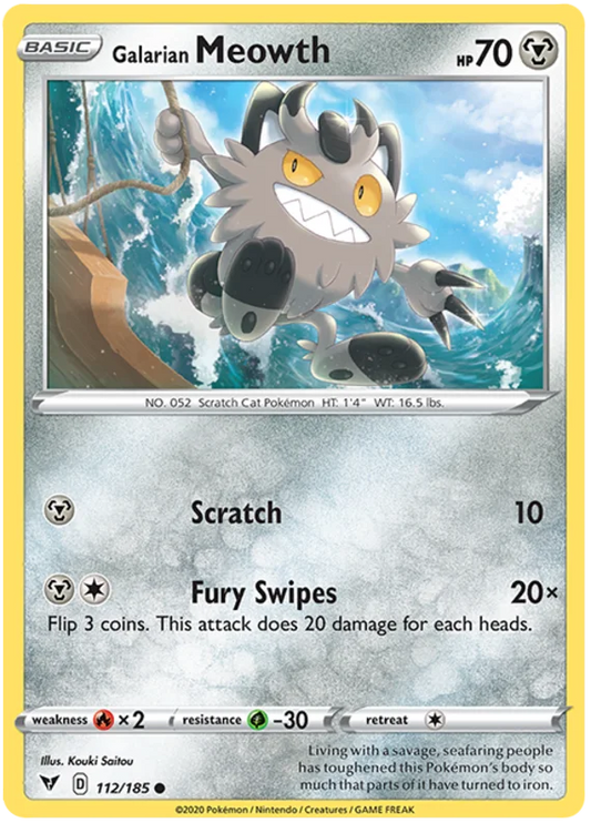 Galarian Meowth common kaart uit de Pokémon Vivid Voltage set, kaartnummer 112/185