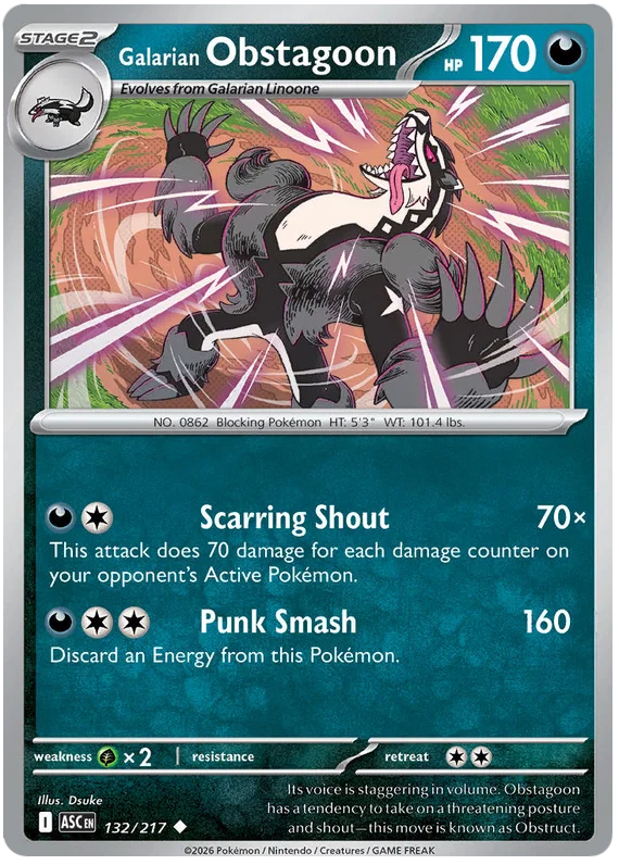 Pokémon kaart Galarian Obstagoon #132 uit Ascended Heroes, common rarity