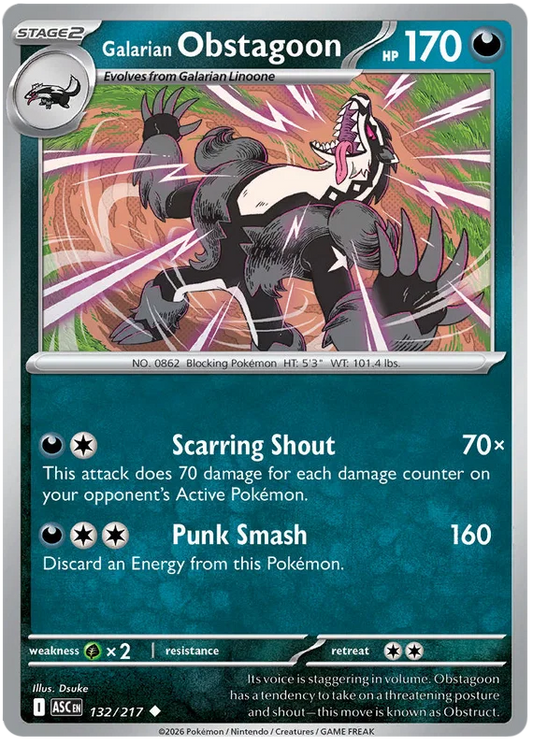 Pokémon kaart Galarian Obstagoon #132 uit Ascended Heroes, common rarity