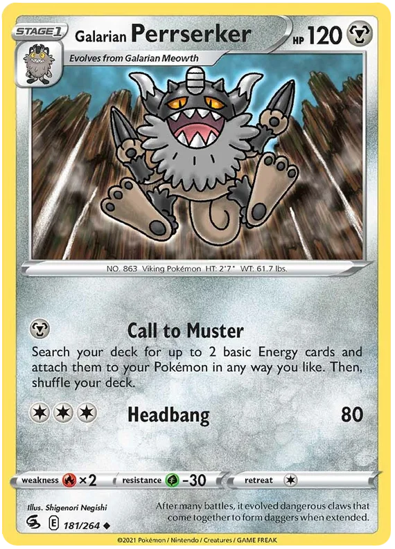 Galarian Perrserker Pokémon kaart uit Fusion Strike, common 181/264 met Metal-type aanvallen