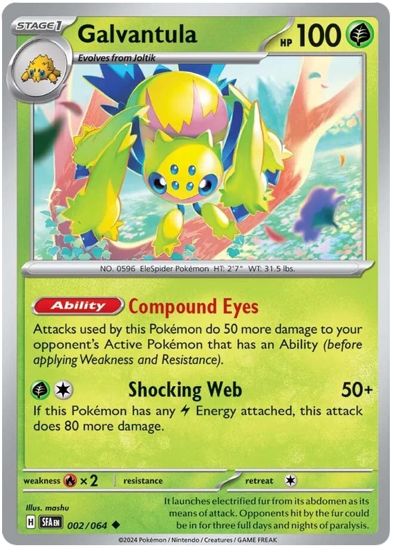 Pokémon kaart Galvantula common uit de Shrouded Fable set, nummer 002/64