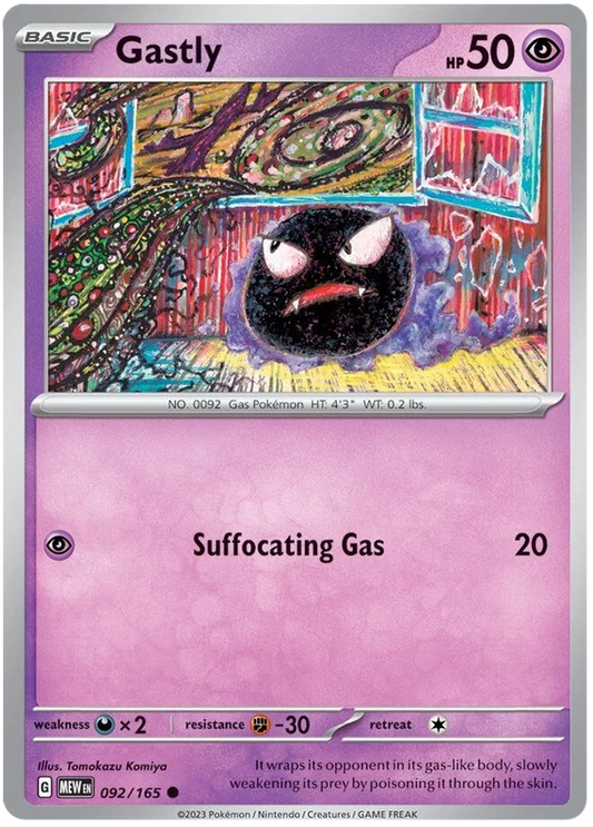 Gastly common kaart #092 uit de Pokémon 151 set met paarse gasachtergrond