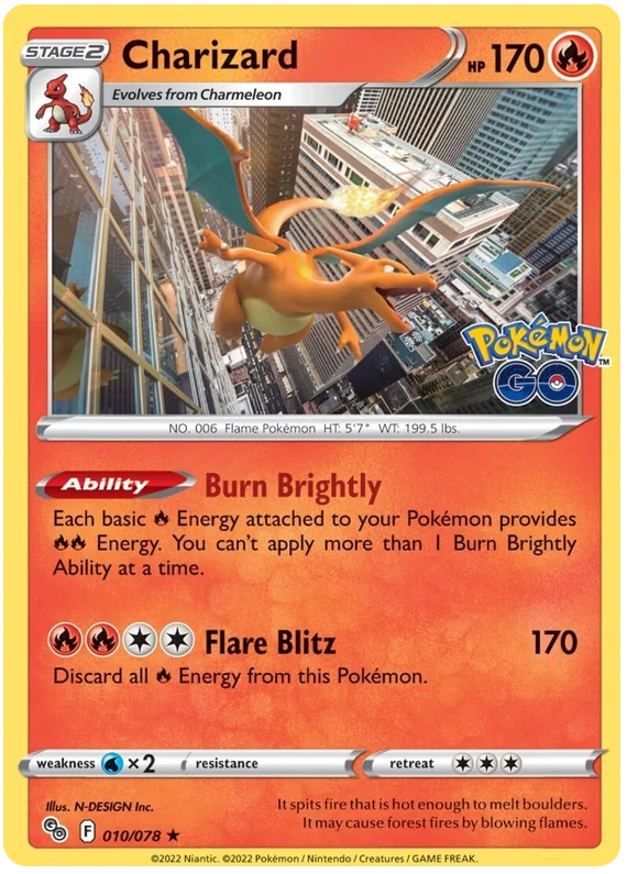 Charizard rare holo kaart uit de Pokemon GO set, nummer 010/078