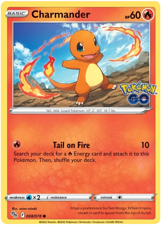 Charmander common kaart uit de Pokemon GO set, kaartnummer 008/078