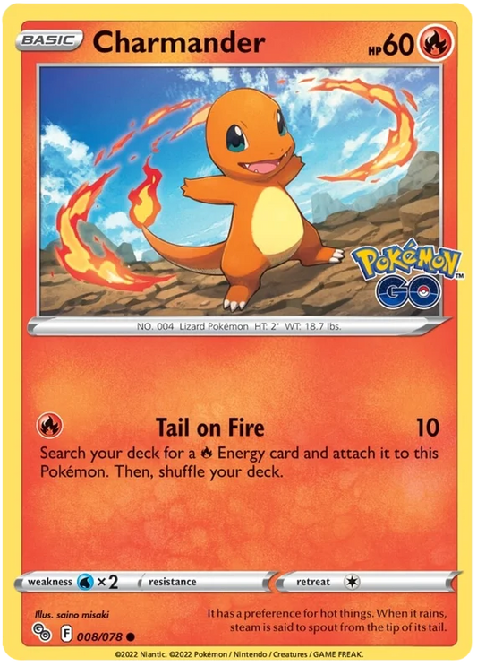 Charmander common kaart uit de Pokemon GO set, kaartnummer 008/078