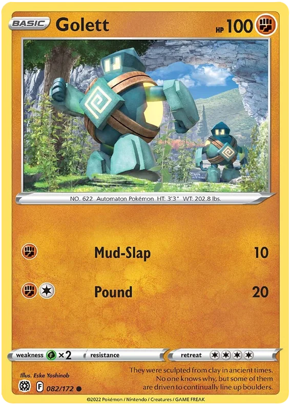 Golett Pokémon kaart common uit de Brilliant Stars set, kaartnummer 082/172