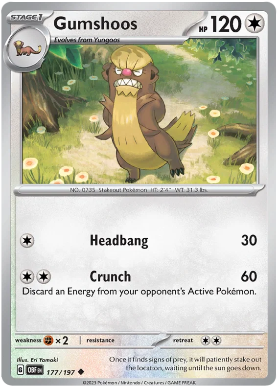 Pokémon kaart Gumshoos common uit de Obsidian Flames set, kaartnummer 177