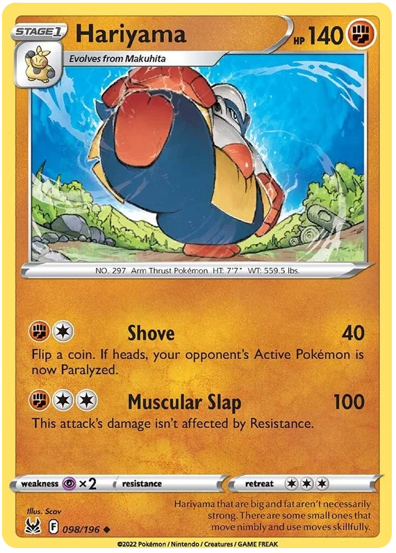 Hariyama common Pokémon kaart nummer 098/196 uit de Lost Origin set met 140 HP