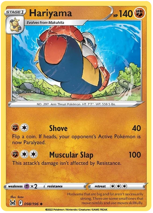 Hariyama common Pokémon kaart nummer 098/196 uit de Lost Origin set met 140 HP