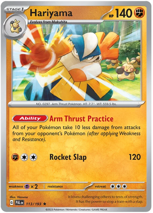 Hariyama holo kaart nummer 113 uit de Pokémon set Paldea Evolved
