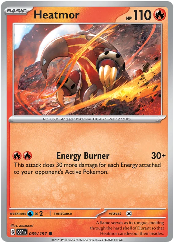 Heatmor common Pokémon kaart #039 uit de Obsidian Flames set
