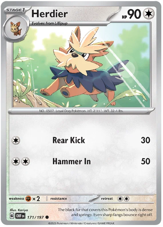 Pokémon Herdier common kaart #171 uit de Obsidian Flames set