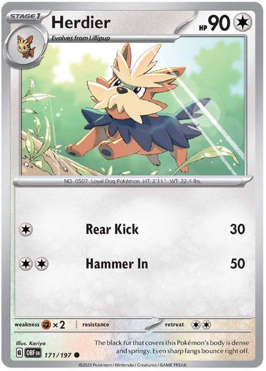 Pokémon Herdier common kaart #171 uit de Obsidian Flames set