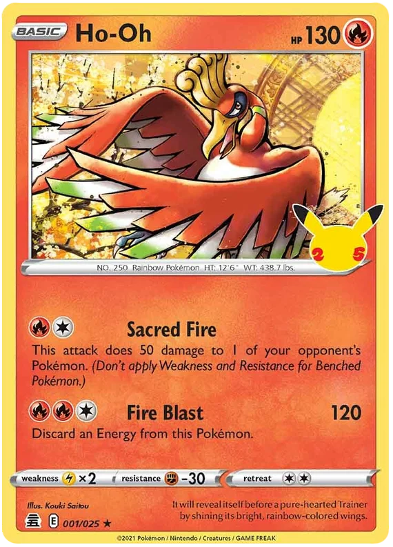Pokémon Ho-Oh Holo kaart uit de Celebrations set met nummer 001/025