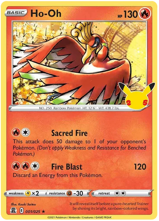 Pokémon Ho-Oh Holo kaart uit de Celebrations set met nummer 001/025