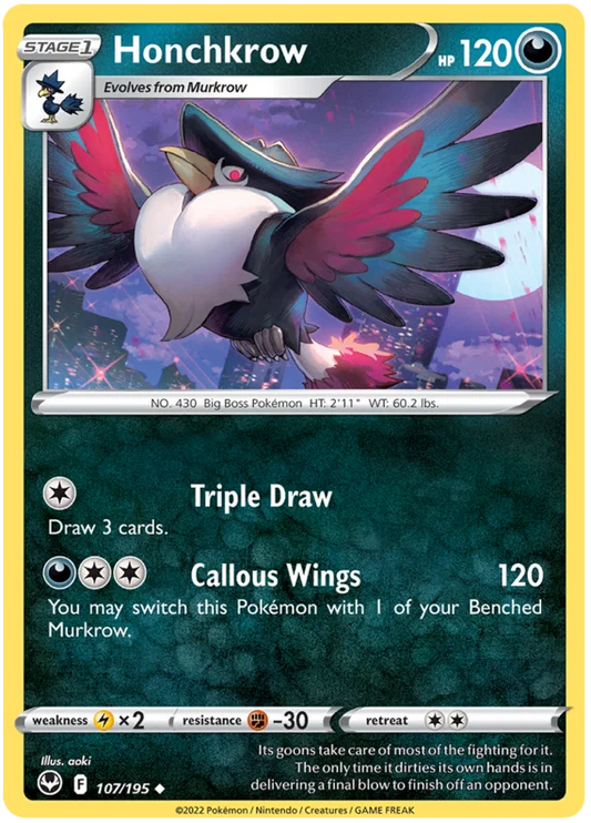 Honchkrow common Pokémon kaart nummer 107 uit Silver Tempest set