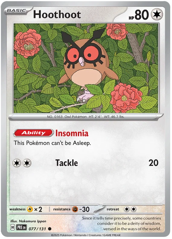 Hoothoot #077 common kaart uit de Pokémon Prismatic Evolutions set