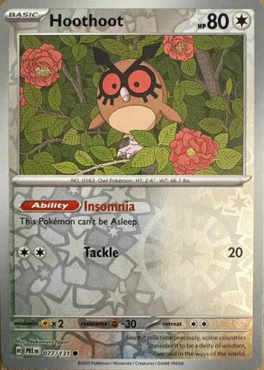 Hoothoot #077 reverse holo kaart uit de Pokémon Prismatic Evolutions set