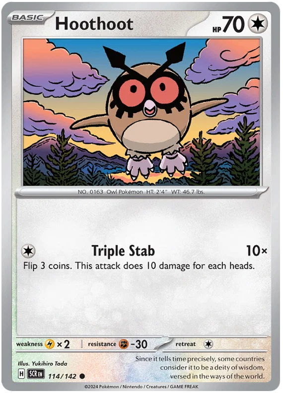 Hoothoot #114 common Pokémon kaart uit de Stellar Crown set