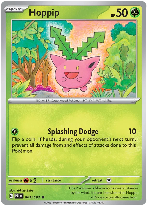 Hoppip common kaart nummer 001 uit de Pokémon Paldea Evolved set