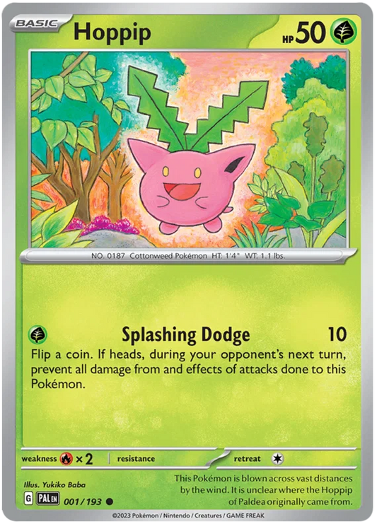 Hoppip common kaart nummer 001 uit de Pokémon Paldea Evolved set
