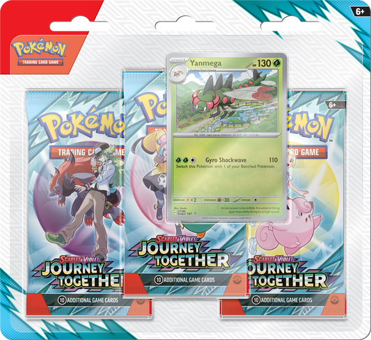 Pokémon Scarlet & Violet Journey Together 3-blister pack met 3 booster packs, promo kaart van Yanmega of Scrafty en een Pokémon munt.