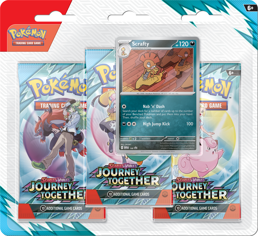 Pokémon Scarlet & Violet Journey Together 3-blister pack met 3 booster packs, promo kaart van Yanmega of Scrafty en een Pokémon munt.