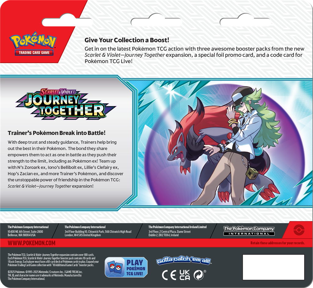 Pokémon Scarlet & Violet Journey Together 3-blister pack met 3 booster packs, promo kaart van Yanmega of Scrafty en een Pokémon munt.