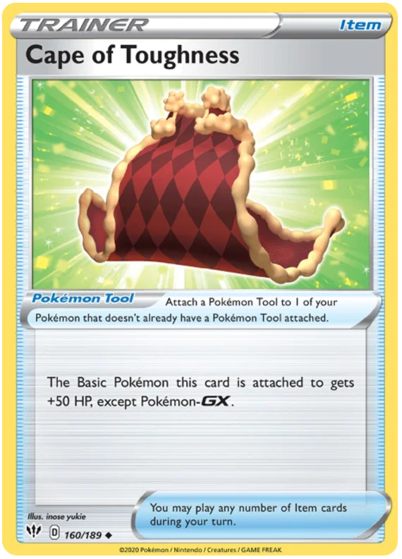 Voorkant van de Cape of Toughness 160/189 Uncommon Trainer Pokémon Tool kaart uit de Darkness Ablaze set.