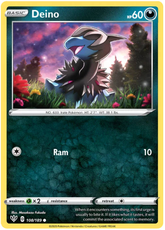 Voorkant van de Deino 108/189 Common Darkness Pokémon-kaart uit de Darkness Ablaze set.
