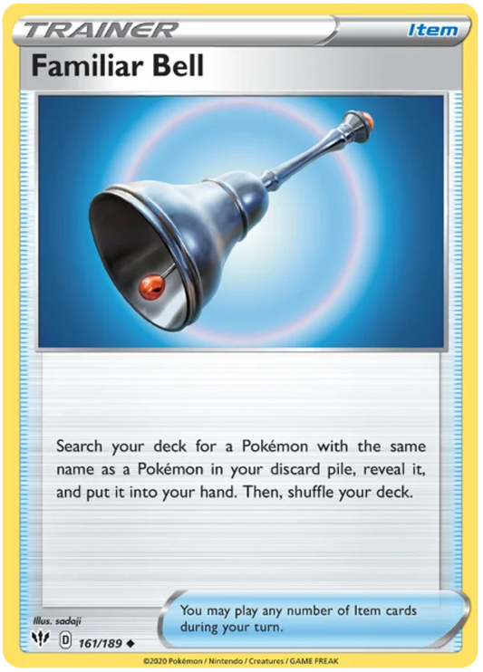 Voorkant van de Familiar Bell 161/189 Uncommon Trainer Item Pokémon-kaart uit de Darkness Ablaze set.