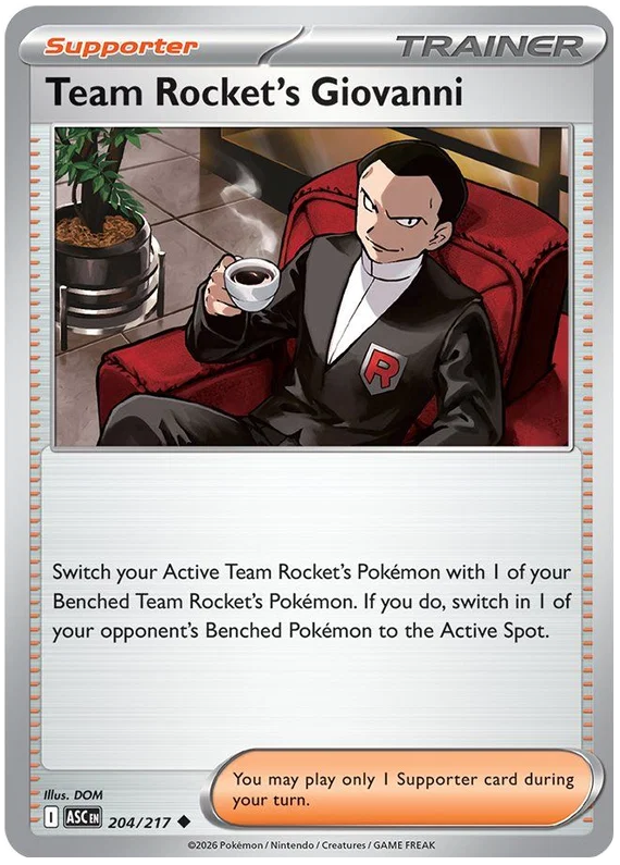 Pokémon kaart Team Rocket's Giovanni common uit de Ascended Heroes set, kaartnummer 204