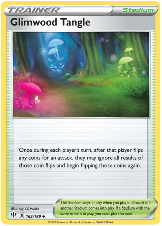 Voorkant van de Glimwood Tangle 162/189 Uncommon Trainer Stadium Pokémon-kaart uit de Darkness Ablaze set.