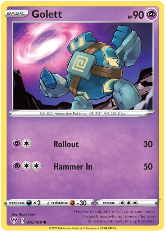 Voorkant van de Golett 076/189 Common Psychic Pokémon-kaart uit de Darkness Ablaze set.