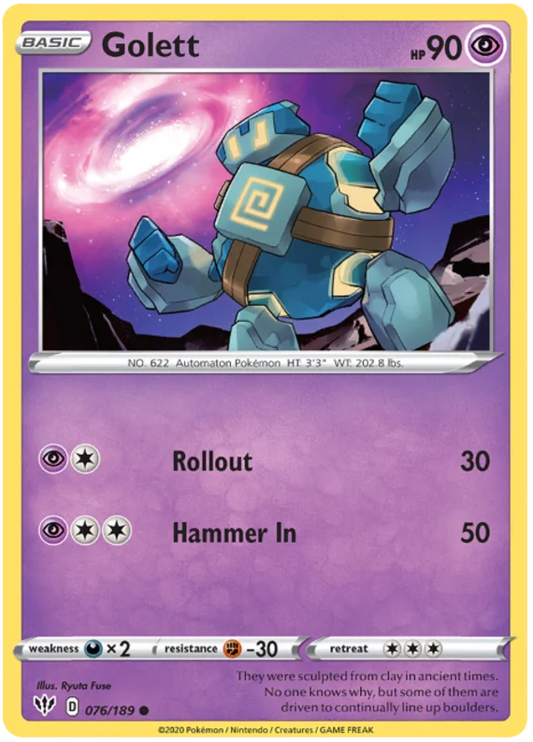 Voorkant van de Golett 076/189 Common Psychic Pokémon-kaart uit de Darkness Ablaze set.