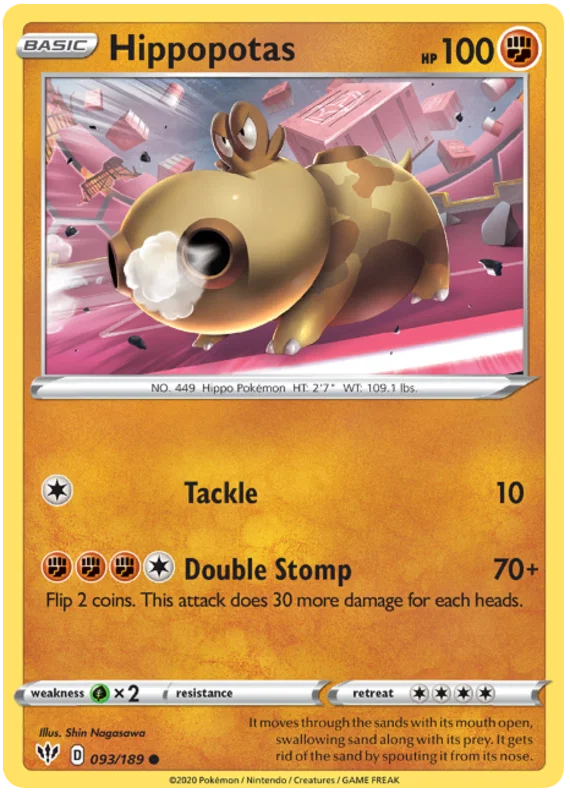 Voorkant van de Hippopotas 093/189 Common Fighting Pokémon-kaart uit de Darkness Ablaze set.