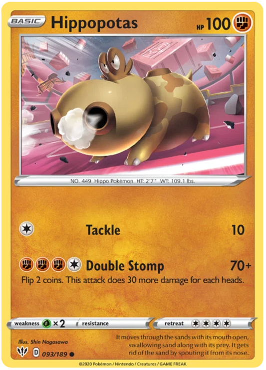 Voorkant van de Hippopotas 093/189 Common Fighting Pokémon-kaart uit de Darkness Ablaze set.
