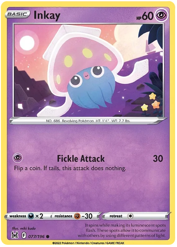 Pokemon kaart Inkay common uit de Lost Origin set, nummer 077/196