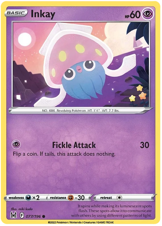 Pokemon kaart Inkay common uit de Lost Origin set, nummer 077/196