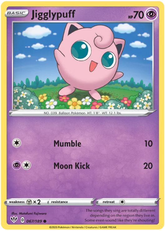 Voorkant van de Jigglypuff 067/189 Common Psychic Pokémon-kaart uit de Darkness Ablaze set.