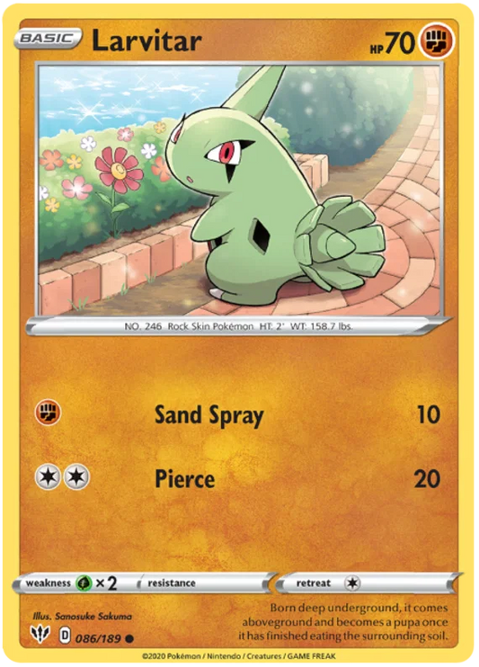Voorkant van de Larvitar 086/189 Common Fighting Pokémon-kaart uit de Darkness Ablaze set.