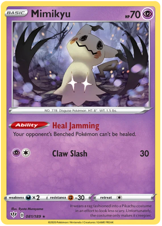 Voorkant van de Mimikyu 081/189 Rare Psychic Pokémon-kaart in de exclusieve Cosmos Holo uitvoering uit Darkness Ablaze.