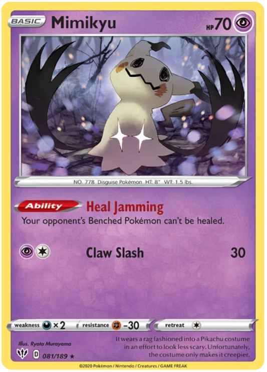 Voorkant van de Mimikyu 081/189 Rare Psychic Pokémon-kaart in de exclusieve Cosmos Holo uitvoering uit Darkness Ablaze.