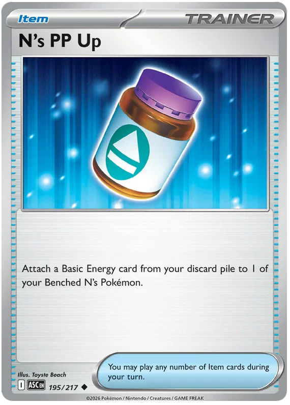 Pokémon kaart N's PP Up common uit de set Ascended Heroes, nummer 195