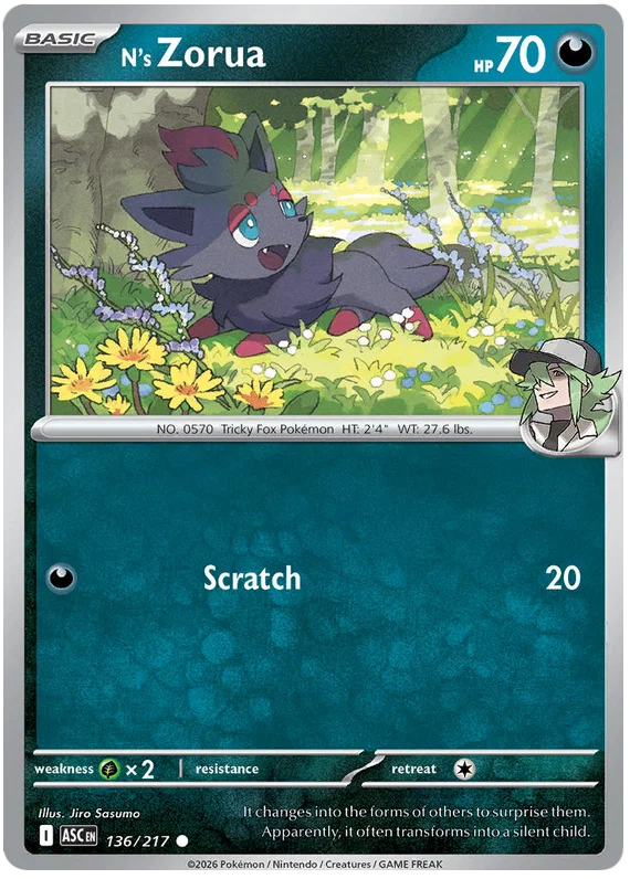 Pokémon kaart N's Zorua common nummer 136 uit de set Ascended Heroes