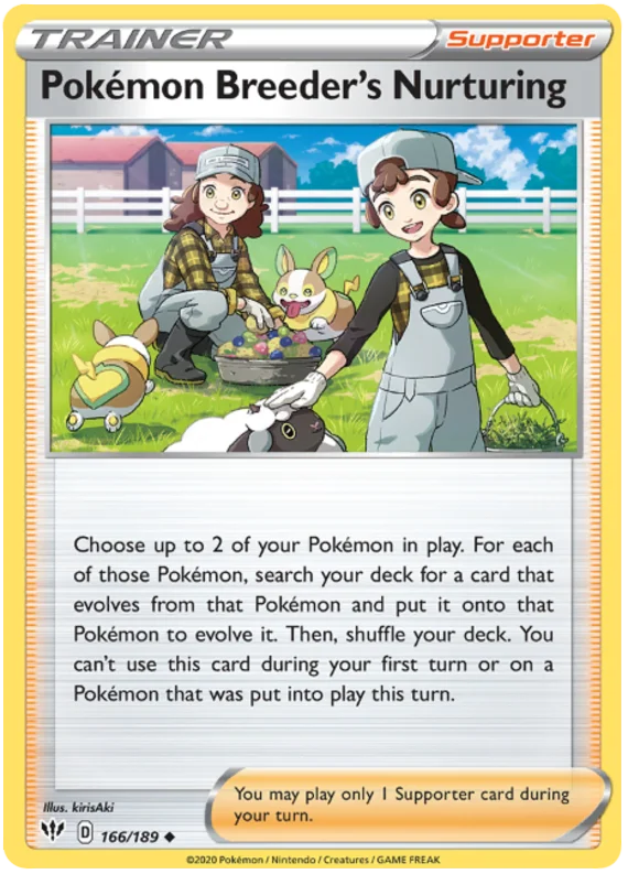 Voorkant van de Pokémon Breeder's Nurturing 166/189 Uncommon Trainer Supporter Pokémon-kaart uit de Darkness Ablaze set.