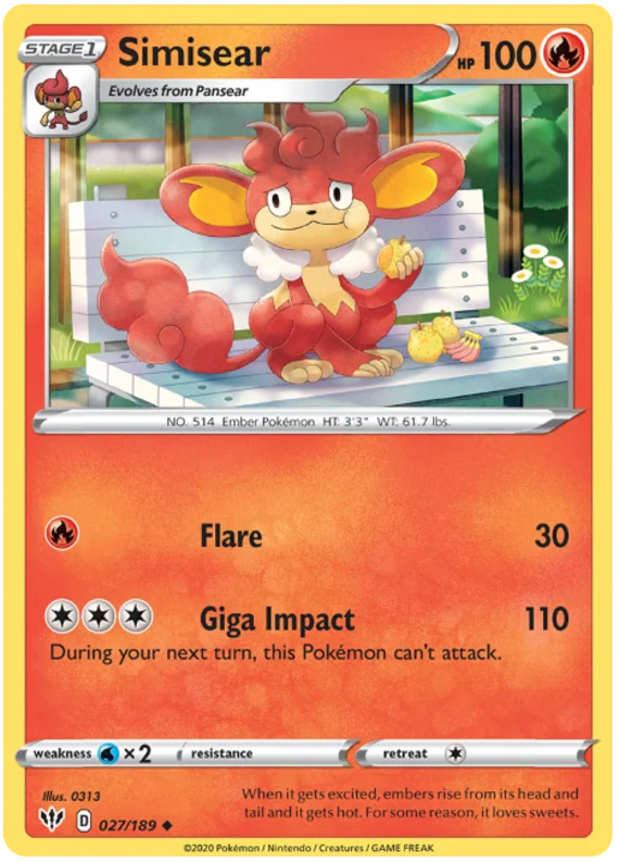 Voorkant van de Simisear 027/189 Uncommon Vuur Pokémon-kaart uit de Darkness Ablaze set.