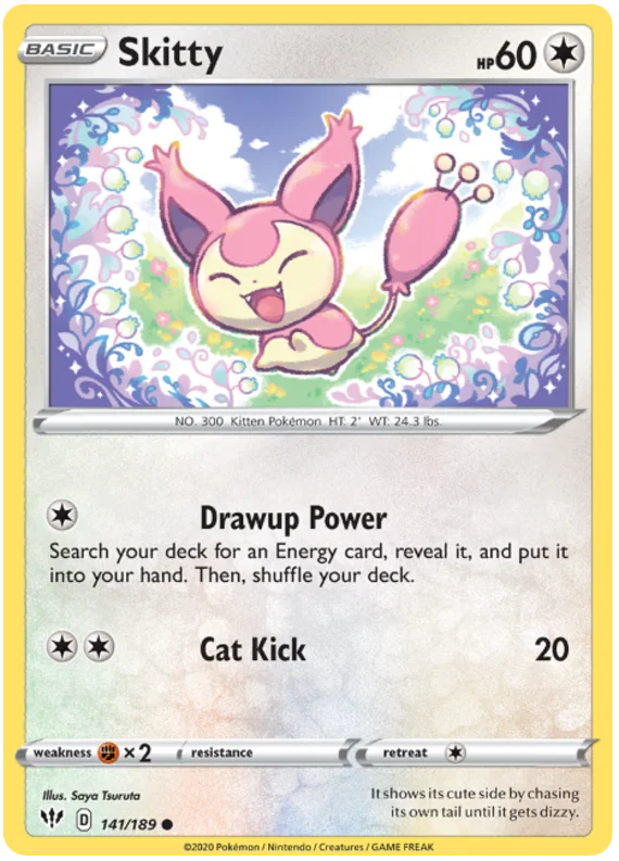 Voorkant van de Skitty 141/189 Common Colorless Pokémon-kaart uit de Darkness Ablaze set.